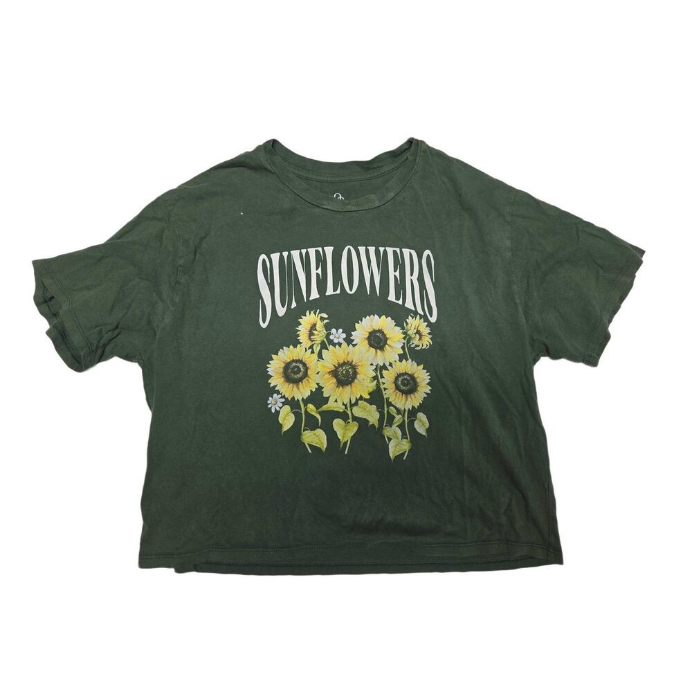 Organic Generation Women Green Sunflowers Graphic Short Sleeve T-Shirt Size XL